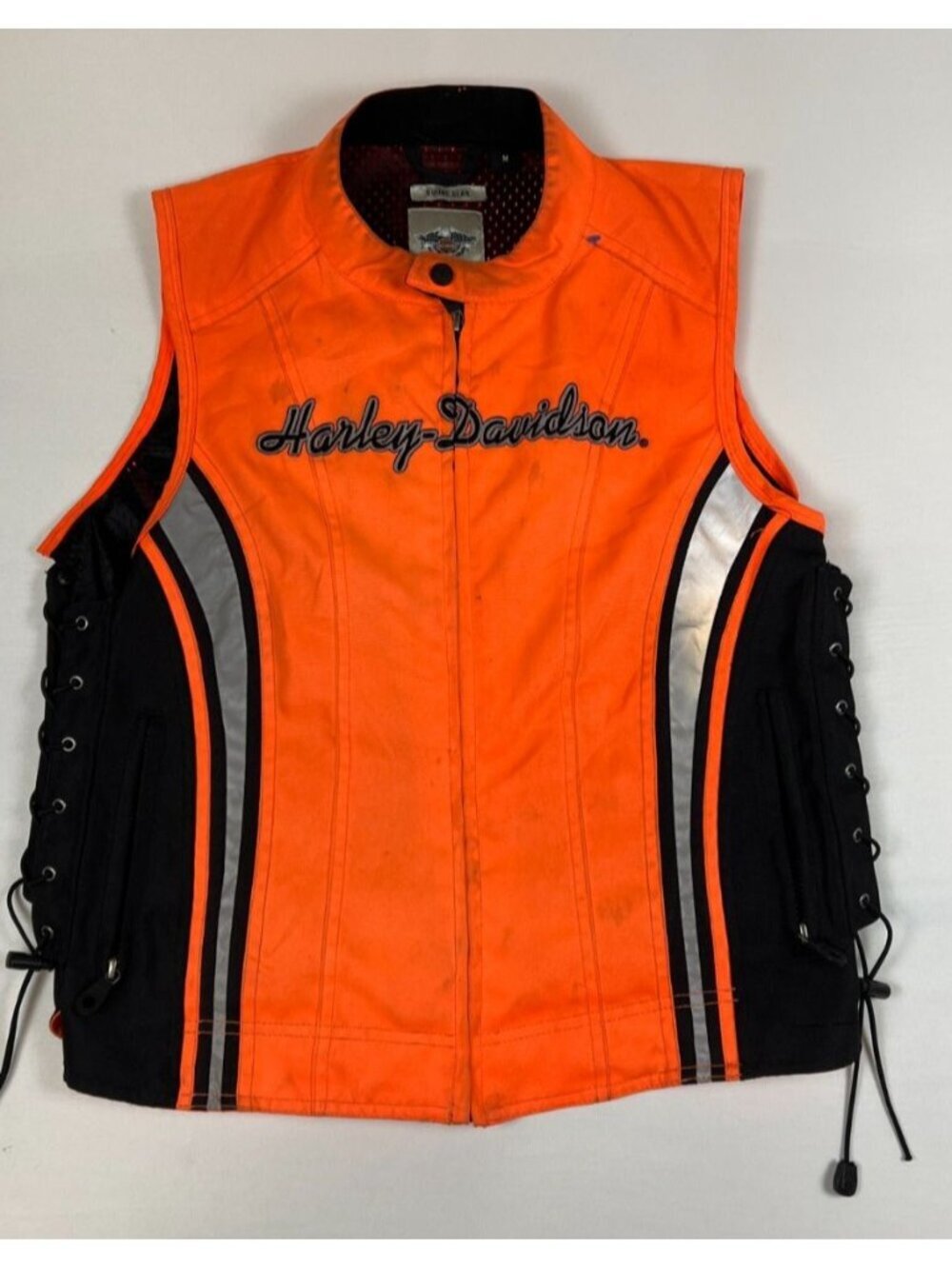 Harley-Davidson Mens M Riding Gear Mesh Canvas Biker Vest Orange Reflective